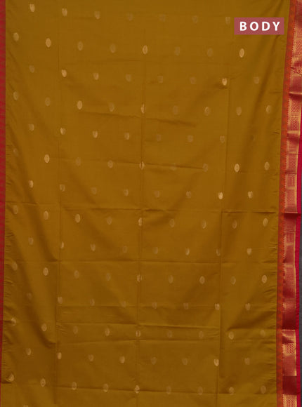 Semi soft silk saree mustard yellow and pink with zari woven buttas and temple design zari woven border