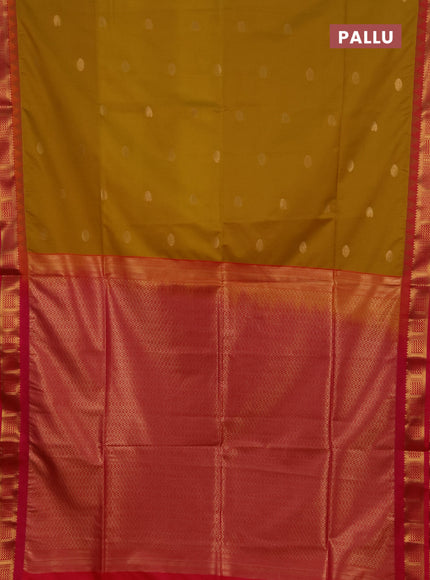 Semi soft silk saree mustard yellow and pink with zari woven buttas and temple design zari woven border