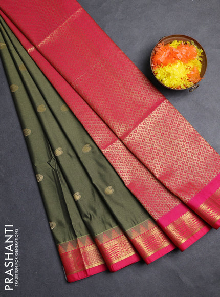 Semi soft silk saree mehendi green and pink with zari woven buttas and temple design zari woven border