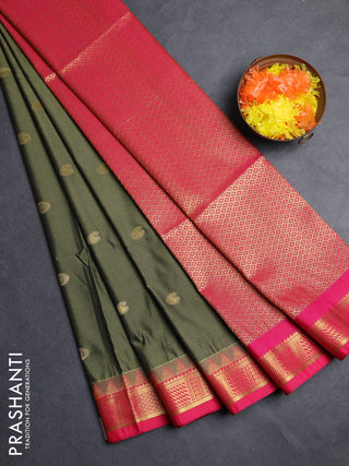 Semi soft silk saree mehendi green and pink with zari woven buttas and temple design zari woven border