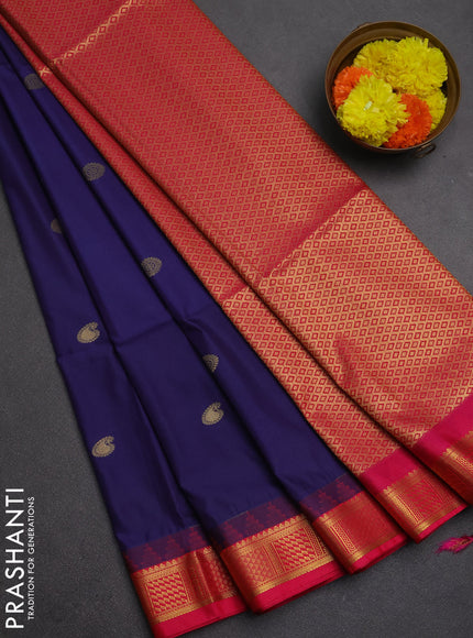 Semi soft silk saree navy blue and pink with zari woven buttas and temple design zari woven border