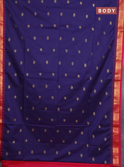 Semi soft silk saree navy blue and pink with zari woven buttas and temple design zari woven border