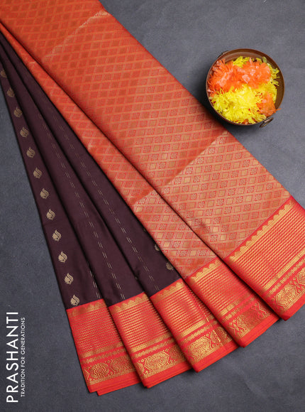 Semi soft silk saree coffee brown and orange with allover zari woven buttas and zari woven border
