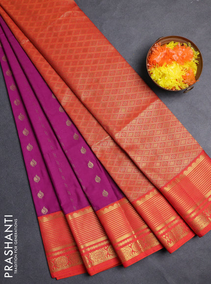 Semi soft silk saree purple and orange with allover zari woven buttas and zari woven border