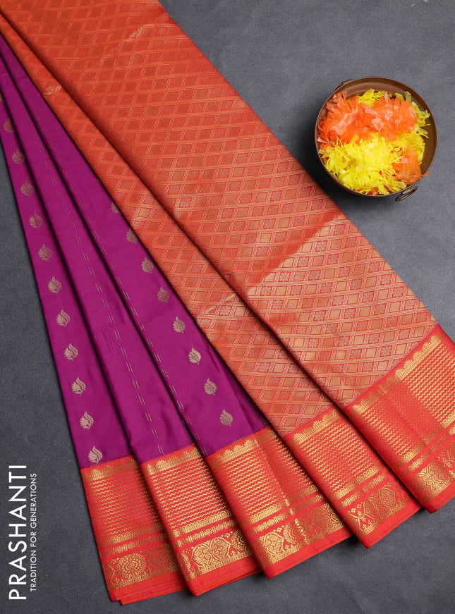 Semi soft silk saree purple and orange with allover zari woven buttas and zari woven border