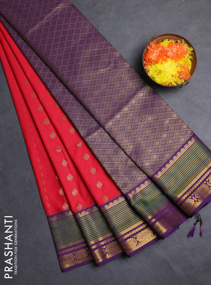 Semi soft silk saree red and purple with allover zari woven buttas and zari woven border