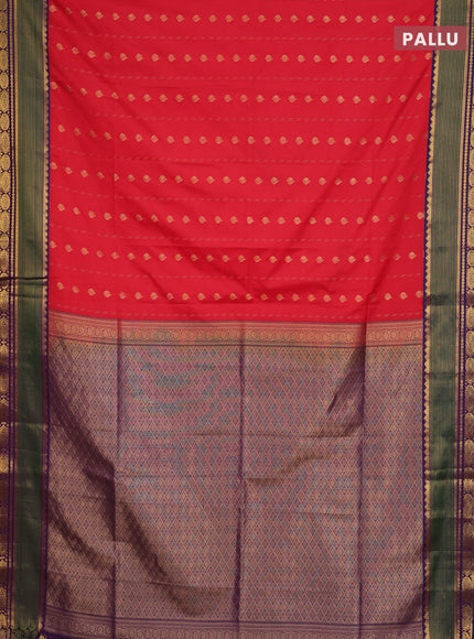 Semi soft silk saree red and purple with allover zari woven buttas and zari woven border