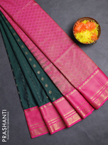 Semi soft silk saree bottle green and pink with allover zari woven buttas and zari woven border