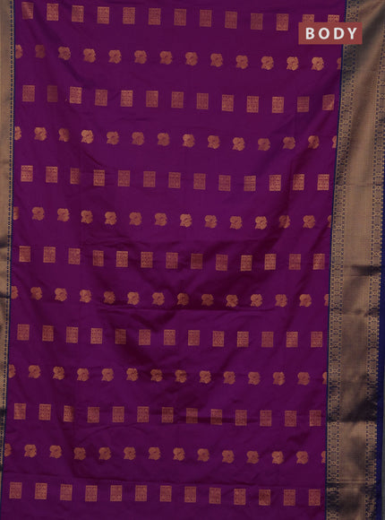 Semi soft silk saree magenta pink and blue with allover zari woven buttas and zari woven border