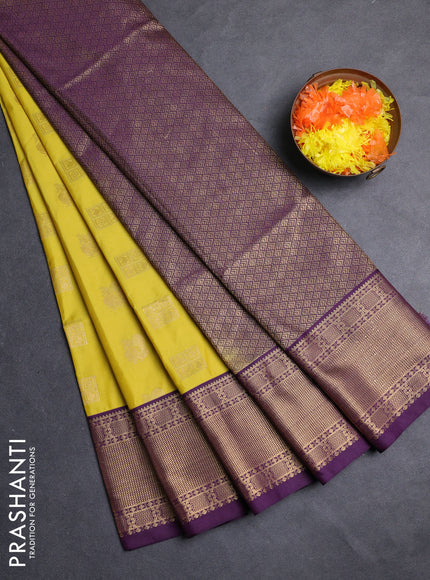 Semi soft silk saree lime yellow and purple with allover zari woven buttas and zari woven border