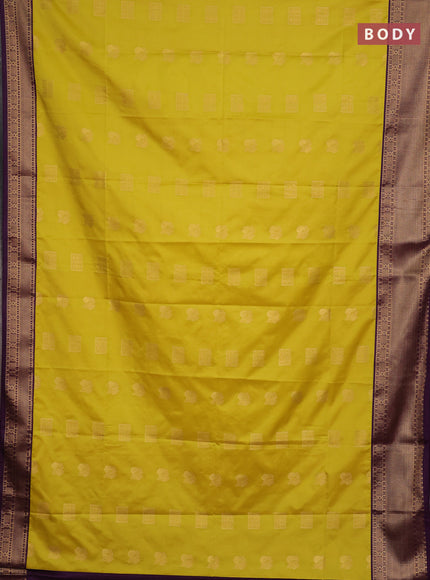 Semi soft silk saree lime yellow and purple with allover zari woven buttas and zari woven border