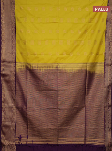 Semi soft silk saree lime yellow and purple with allover zari woven buttas and zari woven border