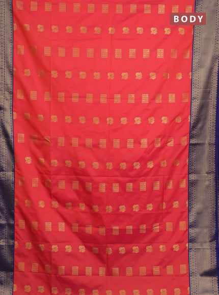 Semi soft silk saree dual shade of pinkish orange and blue with allover zari woven buttas and zari woven border