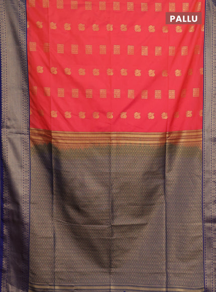 Semi soft silk saree dual shade of pinkish orange and blue with allover zari woven buttas and zari woven border