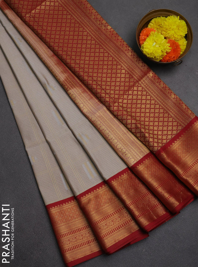 Semi soft silk saree grey and maroon with allover zari checks & buttas and zari woven border