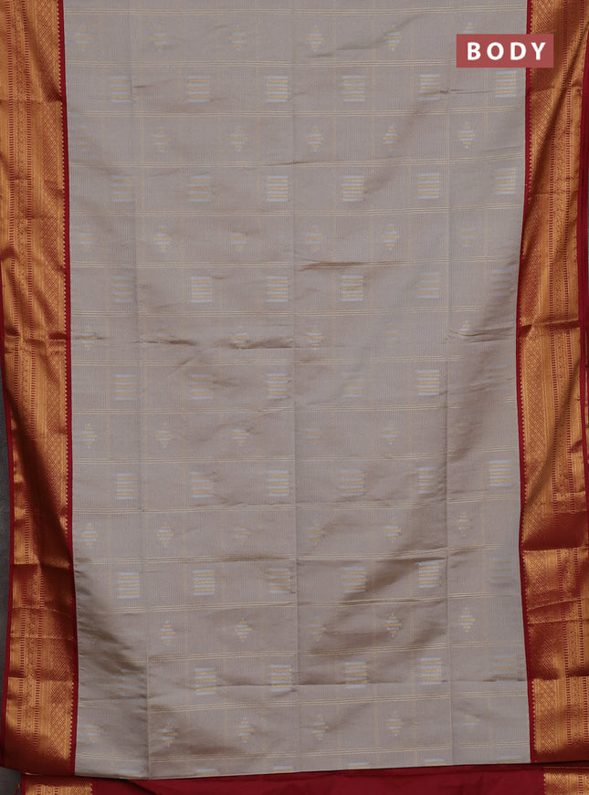 Semi soft silk saree grey and maroon with allover zari checks & buttas and zari woven border