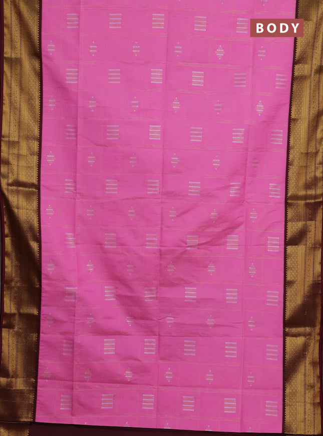 Semi soft silk saree pink and wine shade with allover zari checks & buttas and zari woven border