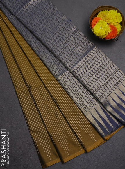 Semi soft silk saree mustard green and navy blue with allover zari weaves in borderless style