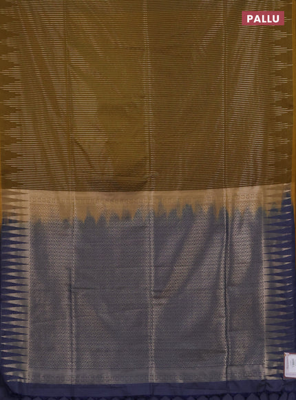 Semi soft silk saree mustard green and navy blue with allover zari weaves in borderless style