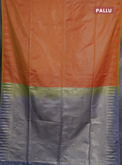 Semi soft silk saree sunset orange and grey with allover zari weaves in borderless style