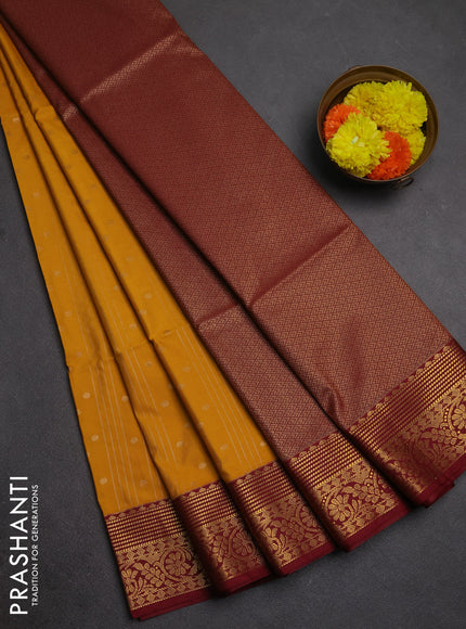 Semi soft silk saree mustard yellow and maroon with allover zari weaves & buttas and zari woven border