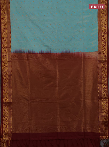 Semi soft silk saree teal blue and maroon with allover zari weaves & buttas and zari woven border