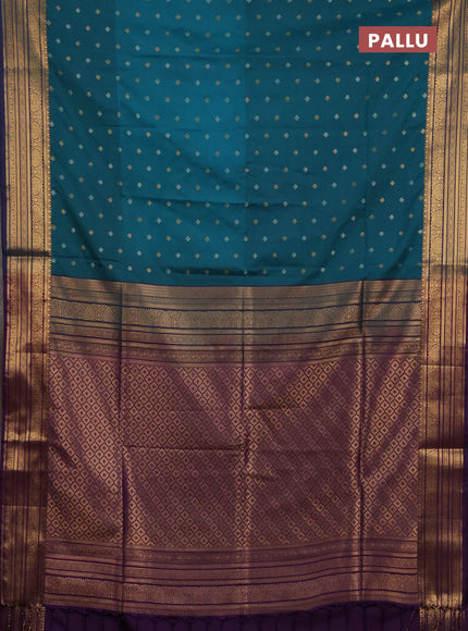 Semi soft silk saree teal green and purple with allover silver & gold zari woven buttas and zari woven border