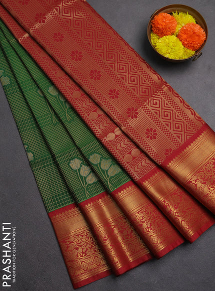 Semi soft silk saree green and maroon with allover zari checks & buttas and zari woven border