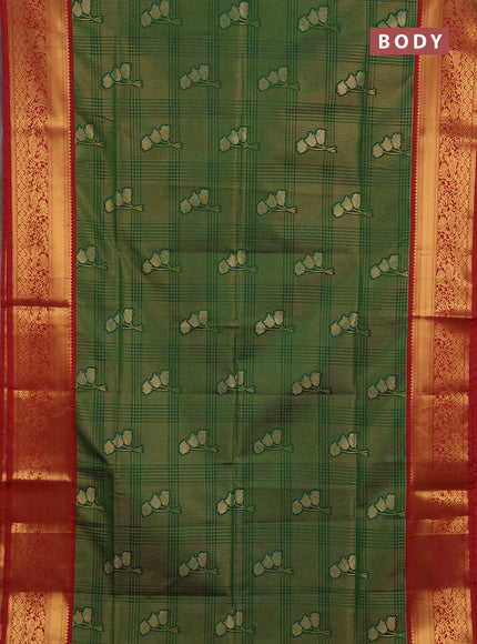 Semi soft silk saree green and maroon with allover zari checks & buttas and zari woven border