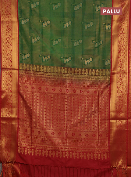 Semi soft silk saree green and maroon with allover zari checks & buttas and zari woven border