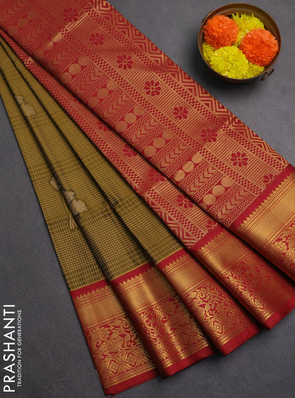 Semi soft silk saree mustard green and maroon with allover zari checks & buttas and zari woven border