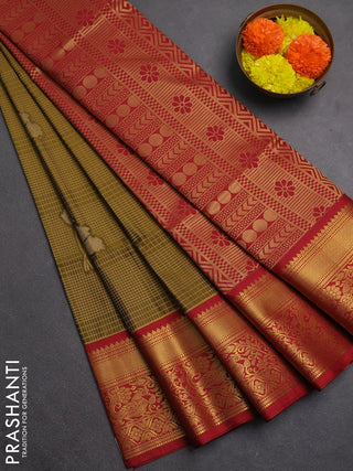 Semi soft silk saree mustard green and maroon with allover zari checks & buttas and zari woven border