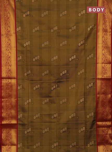 Semi soft silk saree mustard green and maroon with allover zari checks & buttas and zari woven border