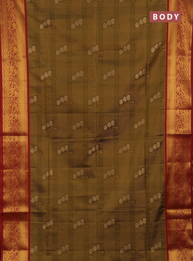 Semi soft silk saree mustard green and maroon with allover zari checks & buttas and zari woven border