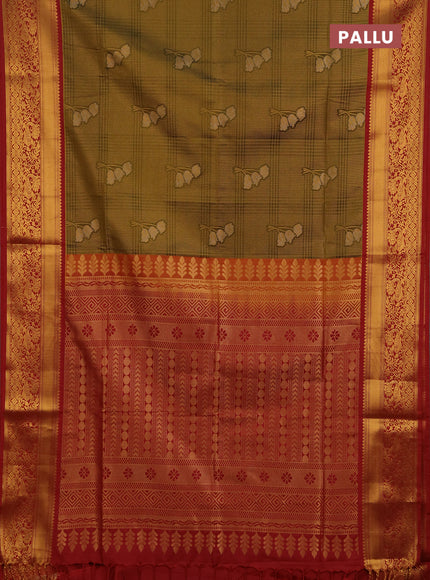 Semi soft silk saree mustard green and maroon with allover zari checks & buttas and zari woven border
