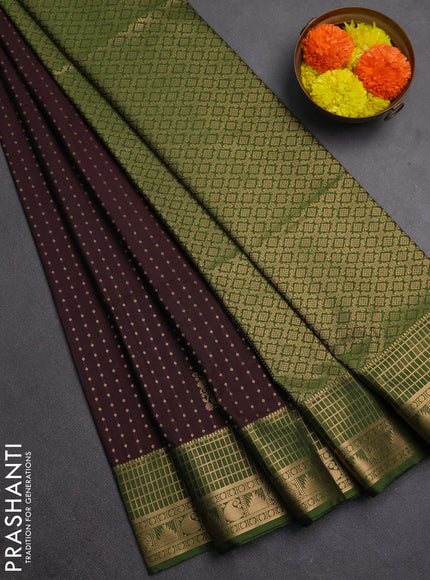 Semi soft silk saree coffee brown and sap green with allover zari woven buttas and zari woven border
