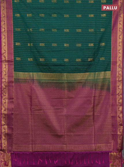 Semi soft silk saree teal green and dark magenta pink with allover zari woven buttas and zari woven border