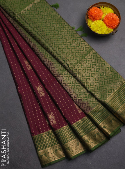 Semi soft silk saree deep maroon and sap green with allover zari woven buttas and zari woven border