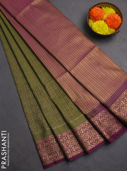 Semi soft silk saree mehendi green and dark magenta pink with allover zari checked pattern and zari woven border