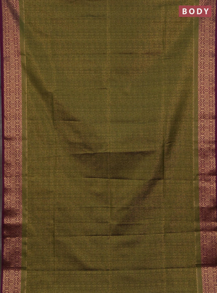 Semi soft silk saree mehendi green and dark magenta pink with allover zari checked pattern and zari woven border