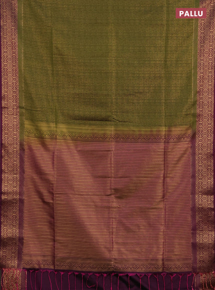 Semi soft silk saree mehendi green and dark magenta pink with allover zari checked pattern and zari woven border