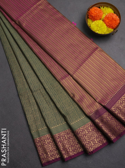 Semi soft silk saree pastel green and dark magenta pink with allover zari checked pattern and zari woven border