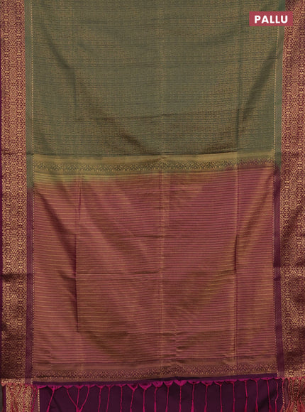 Semi soft silk saree pastel green and dark magenta pink with allover zari checked pattern and zari woven border