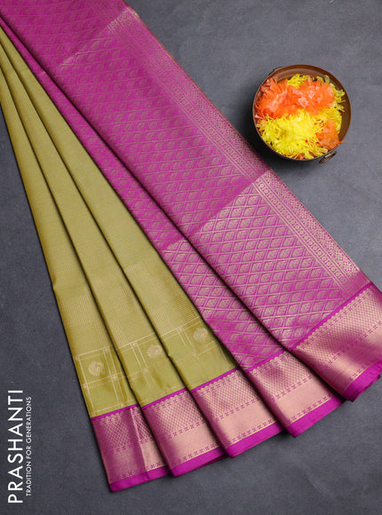 Semi soft silk saree lime green and magenta pink with allover zari checked pattern and zari woven border