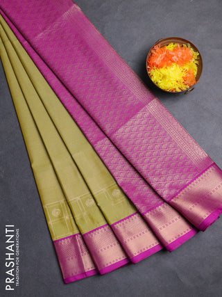 Semi soft silk saree lime green and magenta pink with allover zari checked pattern and zari woven border