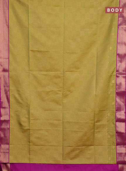 Semi soft silk saree lime green and magenta pink with allover zari checked pattern and zari woven border