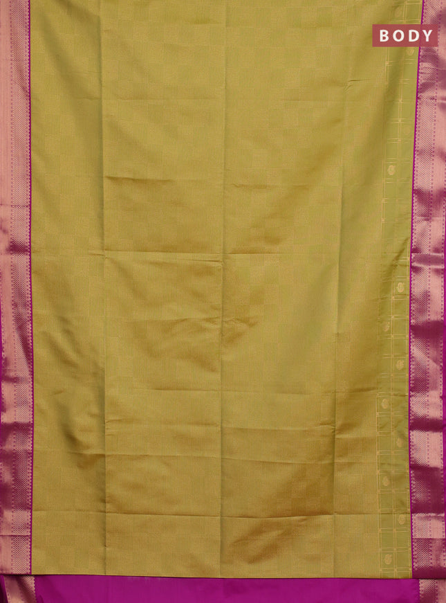 Semi soft silk saree lime green and magenta pink with allover zari checked pattern and zari woven border