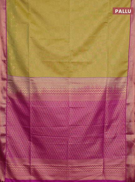 Semi soft silk saree lime green and magenta pink with allover zari checked pattern and zari woven border