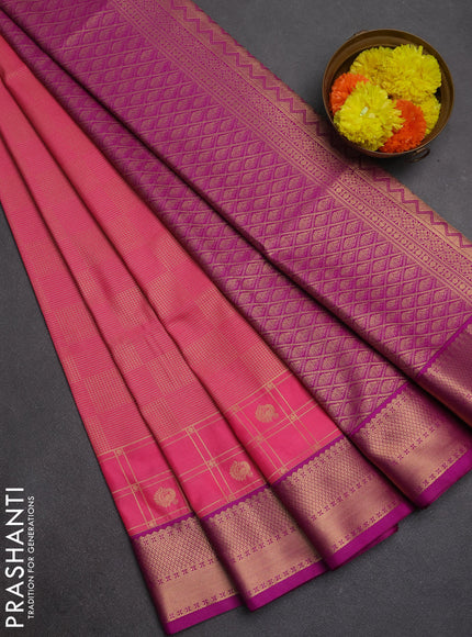 Semi soft silk saree peach pink and magenta pink with allover zari checked pattern and zari woven border