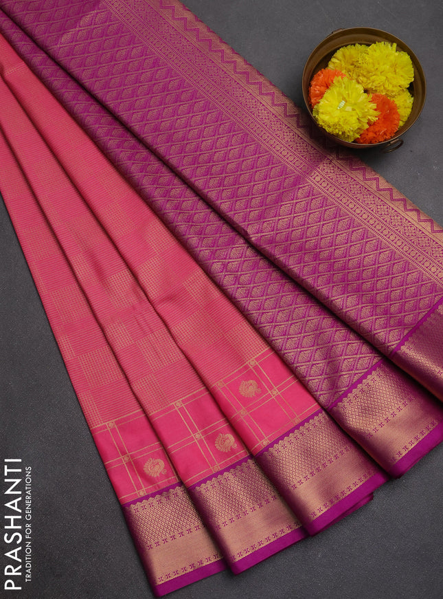 Semi soft silk saree peach pink and magenta pink with allover zari checked pattern and zari woven border